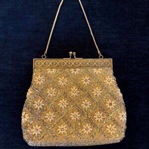 VINTAGE SILVER EVENING BAG PURSE Made in Hong Kong with PEARL DETAIL